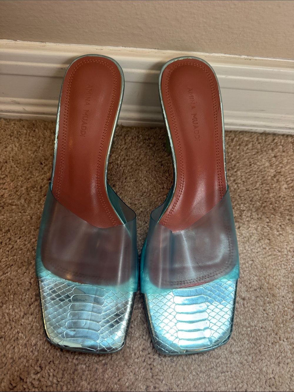 Amina Muaddi Iridescent snakeskin heel with clear strap